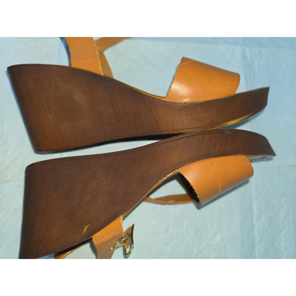 Mariella Tan Leather Wedge Sandals Made in Italy Wood Platform Ankle Strap 3.5
